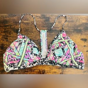 Victoria's Secret VS Swim Bikini Top Size L White Pink Colorful Geo Strappy